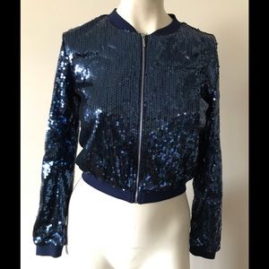 Jenna Ushkowitz Collection By Wallflower Navy Blue Sequin Bomber Jacket Sz S